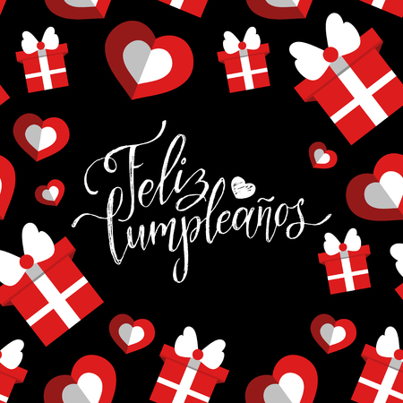 Vector Feliz Cumpleanos, translated Happy Birthday lettering design. Festive illustration with cake for greeting cards.のイラスト素材