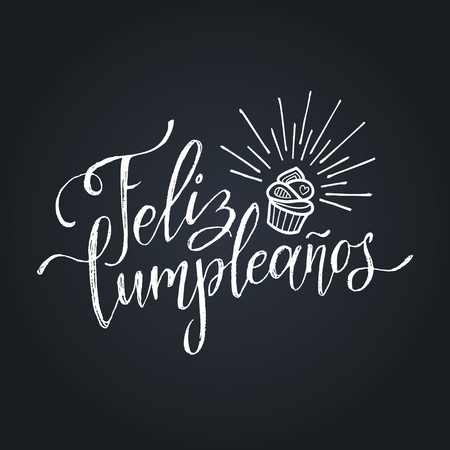 Vector Feliz Cumpleanos, translated Happy Birthday lettering design. Festive illustration with cake for greeting cards.のイラスト素材