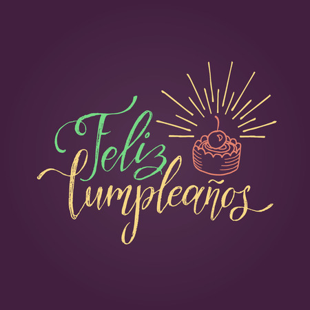 Vector Feliz Cumpleanos, translated Happy Birthday lettering design. Festive illustration with cake for greeting cards.のイラスト素材