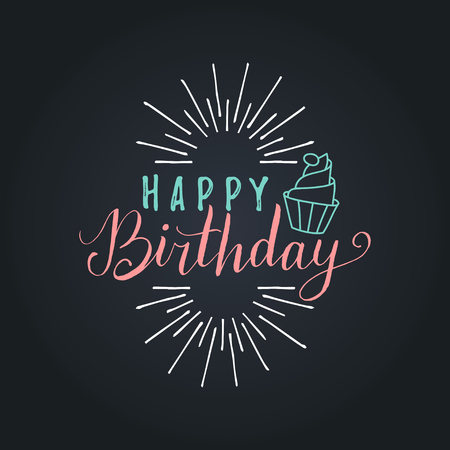 Vector Happy Birthday to You lettering design.Festive illustration with cake on black background for greeting cards etc.のイラスト素材