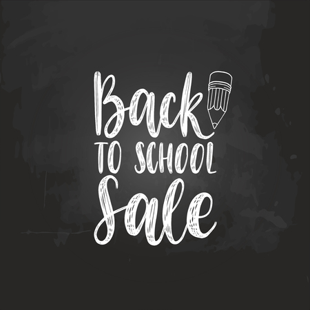 Vector Back To School Sale handwritten illustration with pencil drawing on chalkboard. Knowledge day discount poster.のイラスト素材