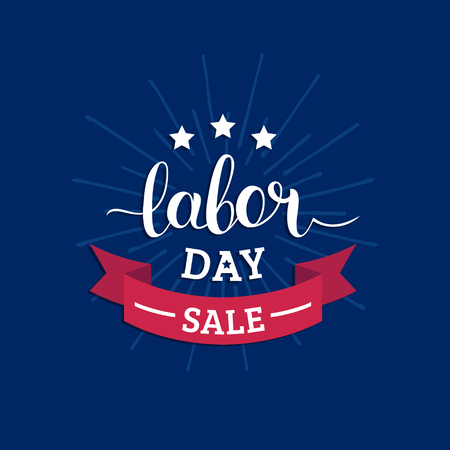 Labor Day Sale hand lettering vector background. Holiday discount card with stars and ribbon illustration.のイラスト素材