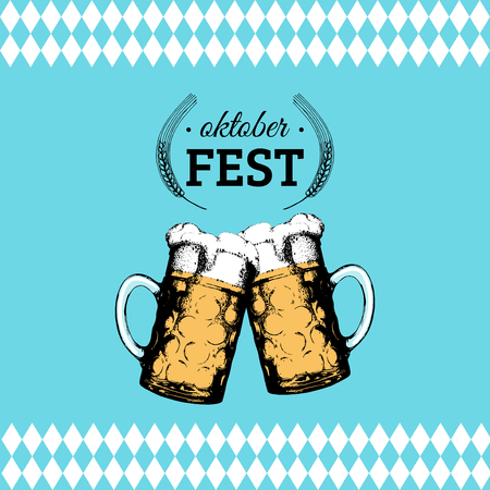 Oktoberfest flyer. Vector beer festival poster. Brewery label or badge with vintage hand sketched glass mugsのイラスト素材