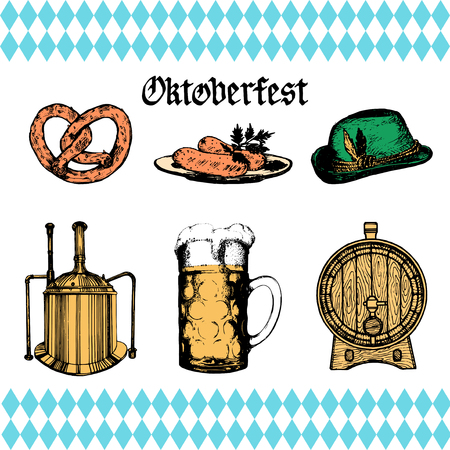 Oktoberfest symbols collection for beer festival flyer and poster. Vector hand sketched set of glass mug, pretzel etc.のイラスト素材