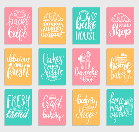 Vector set of bakery hand lettering tags. Typography design cards or labels. Calligraphy with cookie Illustrations.のイラスト素材