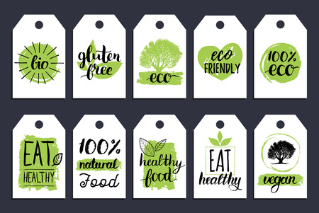 Vegan, healthy food cards or tags set for cafe,restaurant, packaging etc. Vector eco, organic signs with hand lettering.のイラスト素材