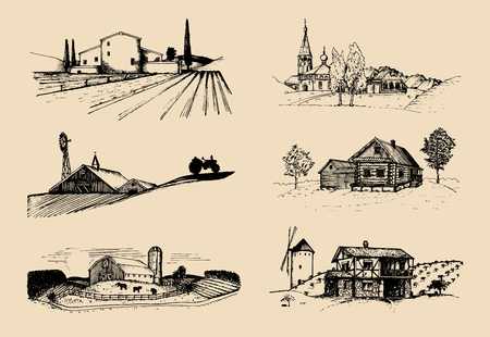 Vector farm landscapes illustrations set. Sketches of villa, homestead in fields and hills. Russian countryside.のイラスト素材