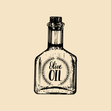 Vector vintage olive oil bottle illustration. Hand sketched rural farm production sign, label etc.のイラスト素材
