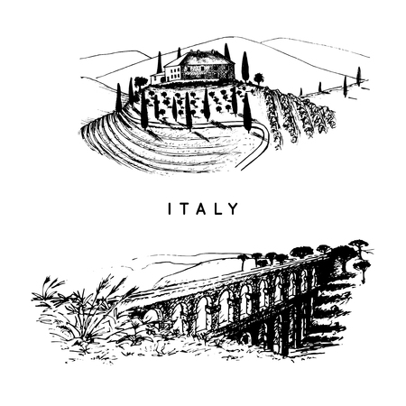 Italian landscapes set with roman aqueduct and Tuscany villa. Vector hand sketched illustration of Italy sights.のイラスト素材