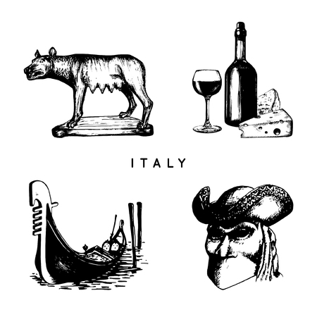 Italian set of sketches. Hand drawn illustrations of Italy travel symbols. Vector touristic signs of vacations.のイラスト素材