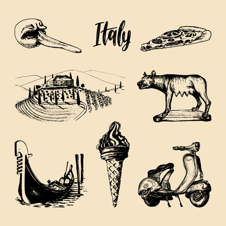 Italian set of sketches. Hand drawn illustrations of Italy travel symbols. Vector touristic signs of vacations.のイラスト素材