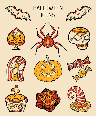 Halloween icons, signs. Vector illustrations of October 31 night. All Saints Day elements collectionのイラスト素材