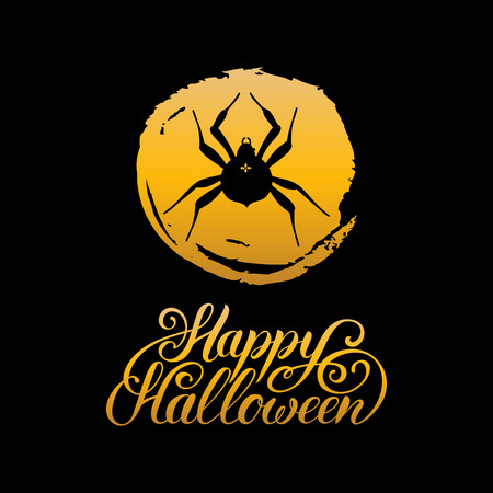 Spider vector illustration with Happy Halloween lettering. All Saints Eve background. Festive card designのイラスト素材