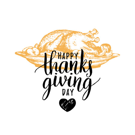 Festive turkey vector illustration with Happy Thanksgiving Day lettering. Invitation or festive greeting card template.のイラスト素材