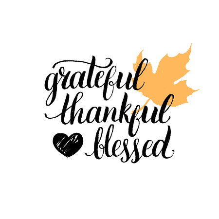 Maple leaf vector illustration with Grateful Thankful Blessed lettering. Invitation or festive greeting card template.のイラスト素材