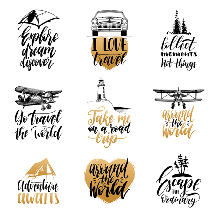 Vector set of hand lettering with phrases about traveling and sketches of touristic symbols.のイラスト素材