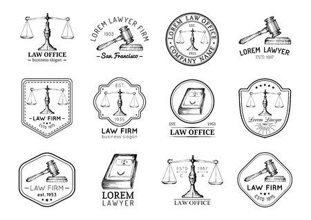 Law office icons set with scales of justice, gavel etc illustrations. Vector vintage attorney, advocate labels.のイラスト素材
