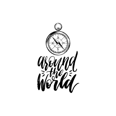 Around The World hand lettering. Vector travel label template with hand drawn compass illustration. Touristic emblem.のイラスト素材