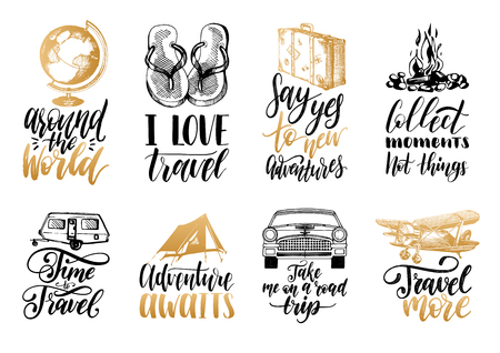Vector set of hand lettering with phrases about traveling and sketches of touristic symbols.のイラスト素材