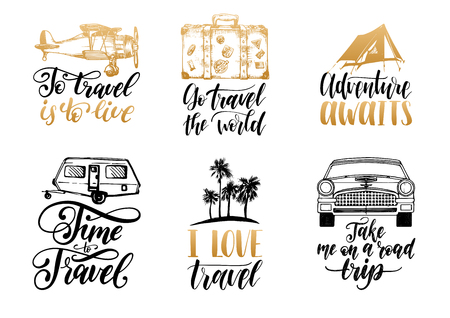 Vector set of hand lettering with phrases about traveling and sketches of touristic symbols.のイラスト素材