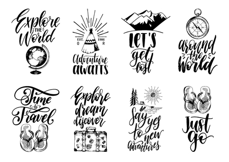 Vector set of hand lettering with phrases about traveling and sketches of touristic symbols.のイラスト素材