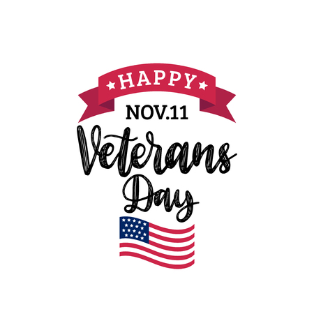 Happy Veterans Day lettering with USA flag illustration. November 11 holiday background. Greeting card in vector.のイラスト素材