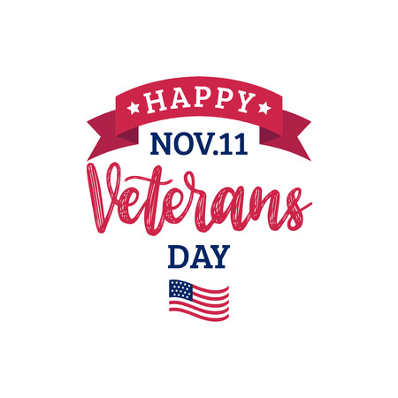 Happy Veterans Day lettering with USA flag illustration. November 11 holiday background. Greeting card in vector.のイラスト素材