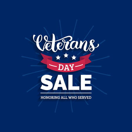 Veterans Day Sale lettering with ribbon illustration. November 11 holiday background. Discount card in vector.のイラスト素材