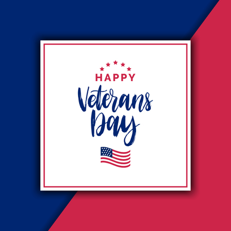 Happy Veterans Day lettering with USA flag illustration. November 11 holiday background. Greeting card in vector.のイラスト素材