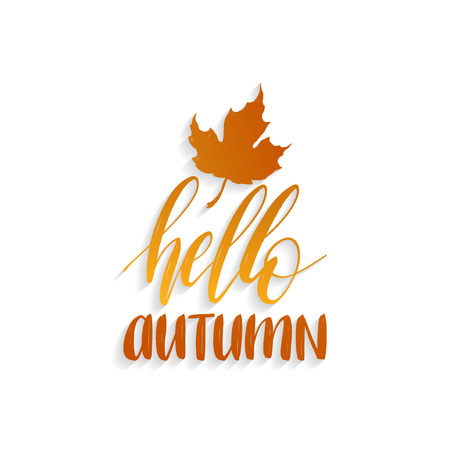 Vector Happy Autumn hand lettering. Maple leaf illustration on white background. Typography poster.のイラスト素材