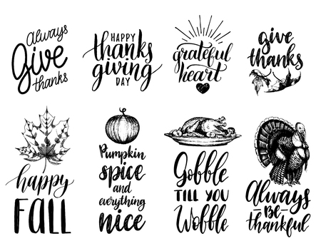 Vector Thanksgiving lettering with illustrations for invitations or festive greeting cards. Handwritten calligraphy set.のイラスト素材