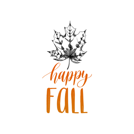 Vector Happy Fall hand lettering. Maple leaf illustration on white background. Typography poster.のイラスト素材