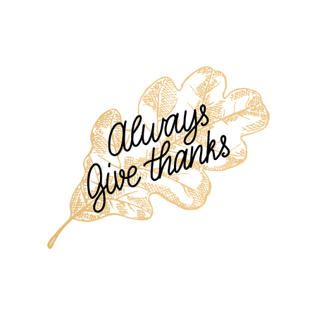 Always Give Thanks vector lettering. Oak leaf hand sketch illustration for Thanksgiving invitation or greeting card.の写真素材