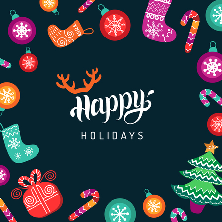 Vector Happy Holidays lettering design with festive New Year elements. Christmas typography for greeting card template.のイラスト素材