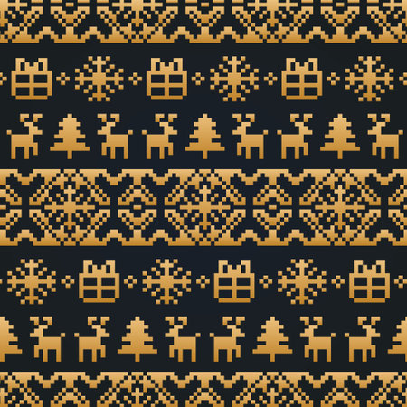 Vector Christmas or New Year knitted seamless pattern. Happy Holidays pixel endless background. Gold festive texture.のイラスト素材