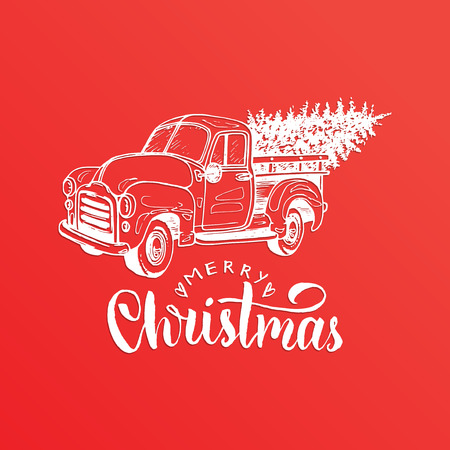 Merry Christmas lettering. Vector hand drawn toy pickup illustration. Happy Holidays greeting card, poster template.のイラスト素材