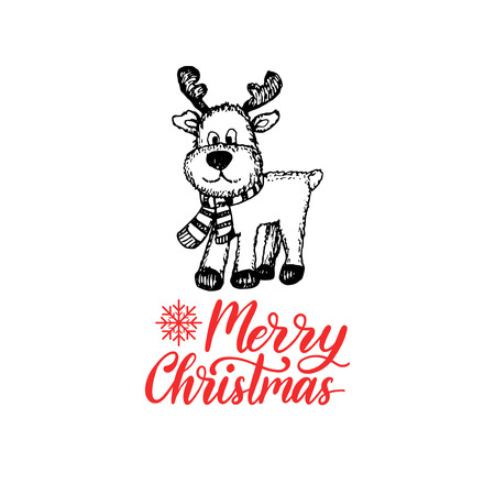 Merry Christmas lettering on white background. Vector hand drawn illustration of toy plush deer.のイラスト素材