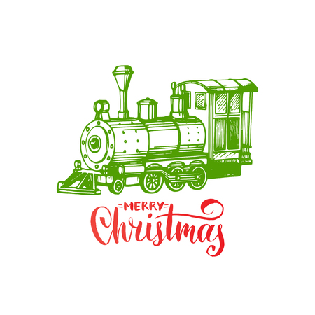 Merry Christmas lettering on white background. Vector hand drawn toy train illustration. Happy Holidays greeting card.のイラスト素材