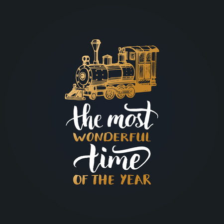 The Most Wonderful Time In The Year lettering on black background. Vector Christmas toy train illustration.のイラスト素材