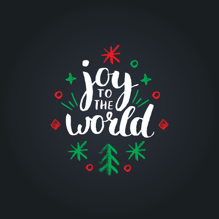 Joy To The World lettering on black background. Vector hand drawn Christmas illustration. Happy Holidays greeting card.のイラスト素材