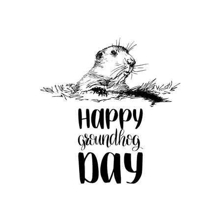 Vector Happy Groundhog Day sketched illustration with hand lettering. February 2 greeting card, poster etcのイラスト素材