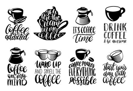 Vector handwritten coffee phrases set. Quotes typography with cups and kettles images. Calligraphy illustrations.のイラスト素材