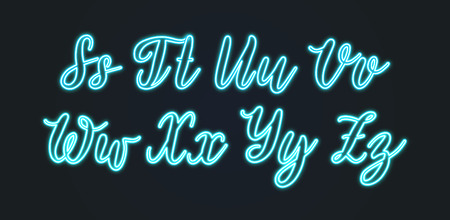 Neon light vector handwritten font. Calligraphic alphabet letters on black background.のイラスト素材