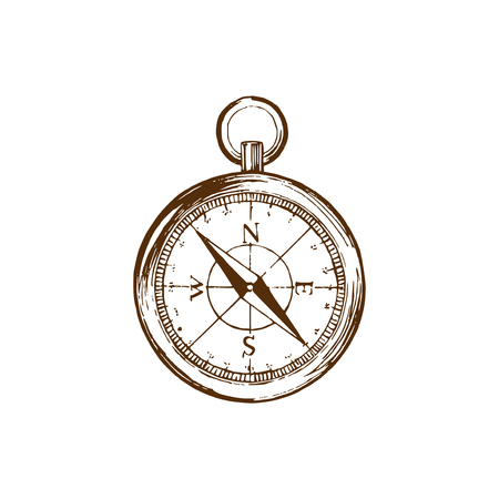 Hand drawn illustration of compass in vector. Used for travel poster, card, touristic emblem design etcのイラスト素材