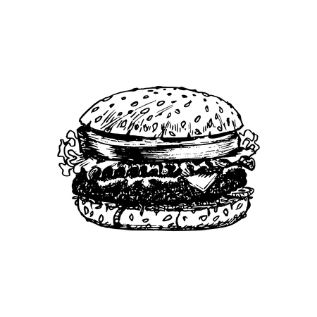 Hand drawn illustration of classic burger. Vector fast food symbol. Bistro icon. Street eatery poster.のイラスト素材