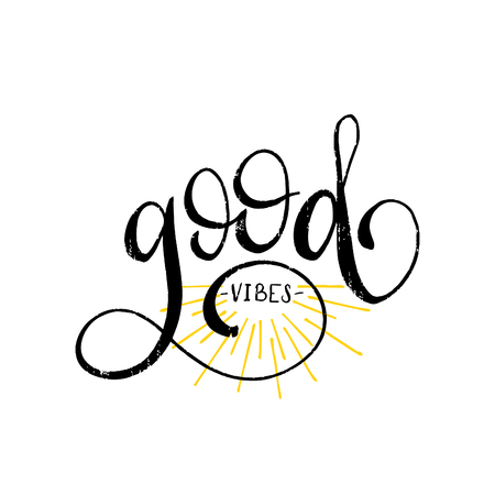Hand lettering inspirational poster Good Vibes with rays. Vector fun quote illustration. Calligraphy on white backgroundのイラスト素材