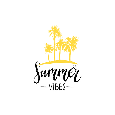 Hand lettering inspirational poster Summer Vibes. Vector palms illustration. Calligraphy on white backgroundのイラスト素材