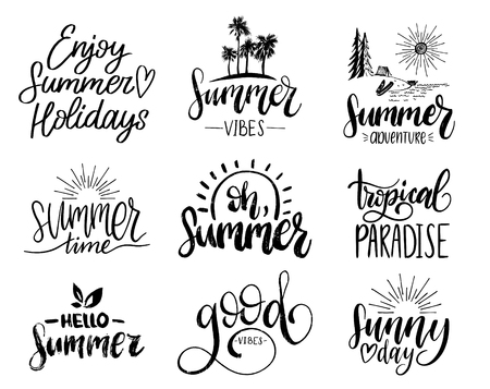 Set of handwritten inspirational summer phrases. Vector fun quotes illustrations. Calligraphy collection.のイラスト素材