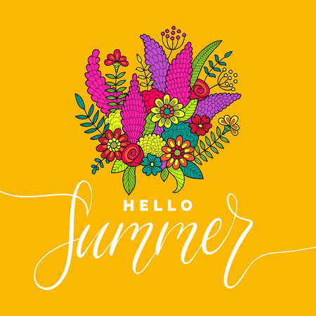Hand lettering inspirational poster Hello Summer. Vector bunch of flowers illustration. Calligraphy on white backgroundのイラスト素材