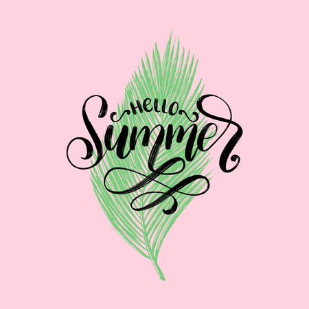 Hand lettering Hello Summer.Vector inspirational phrase on palm leaf background.のイラスト素材
